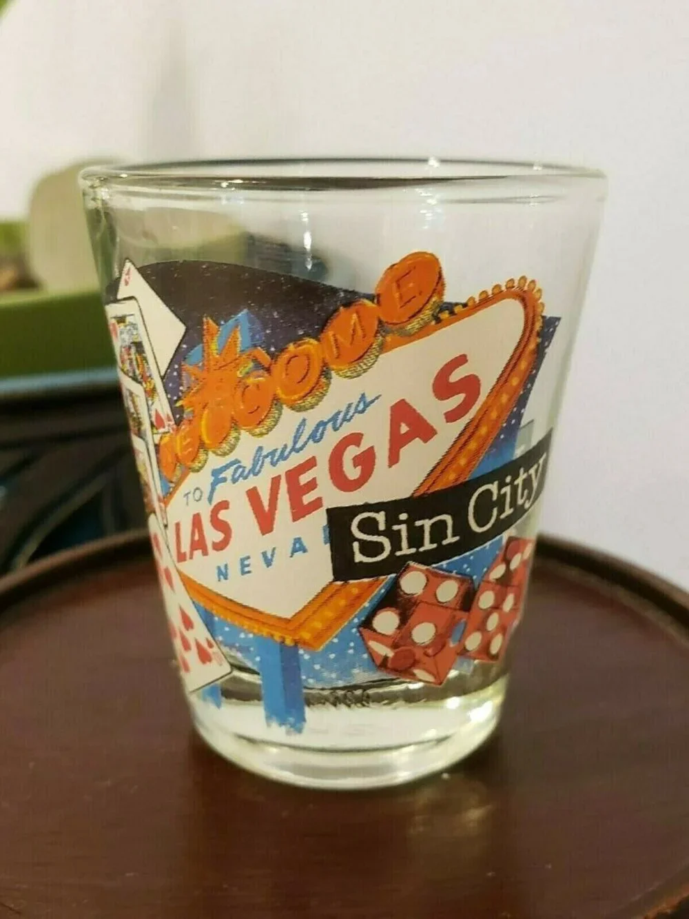 Las Vegas Souvenir Welcome Sign Shot Glass Strip Sin City Cards Dice Vintage